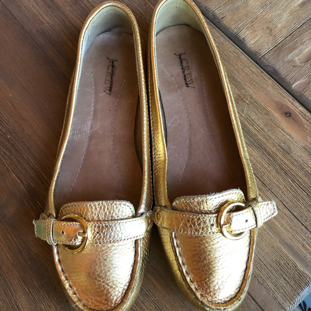 Gold leather J Crew driving mocs. Size 8.